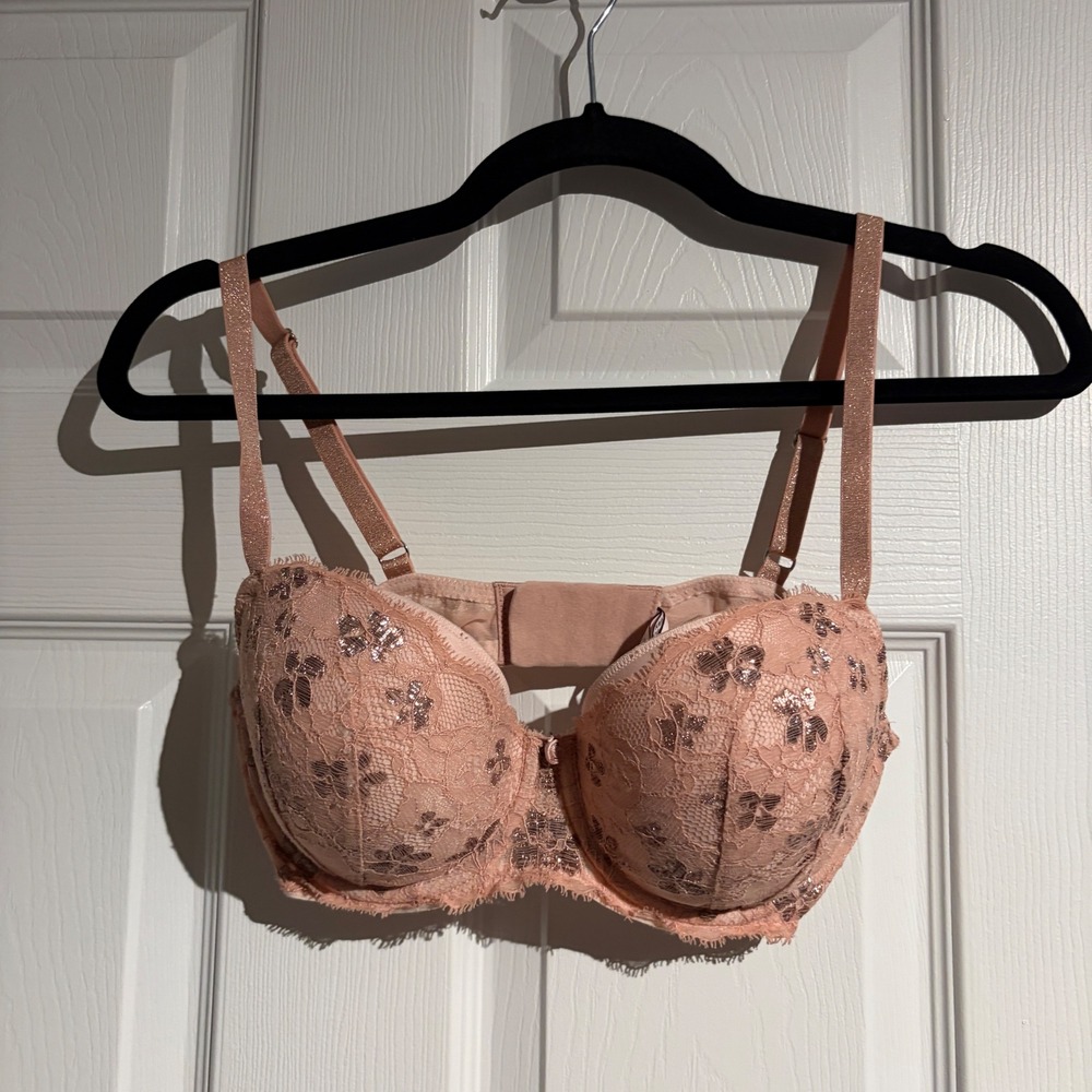 Victorias Secret Dream Angels Lined Demi Bra 32DD Pink Lace Metallic Foil Floral